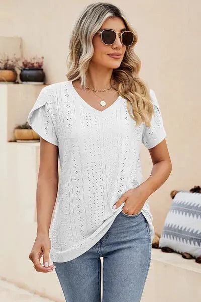 Eyelet V-Neck Petal Sleeve T-Shirt Women's T-Shirts - Tophatter Daily Deals